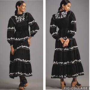FARM Rio Embroidered Long‎ Sleeve Tiered Maxi Dress Black XS